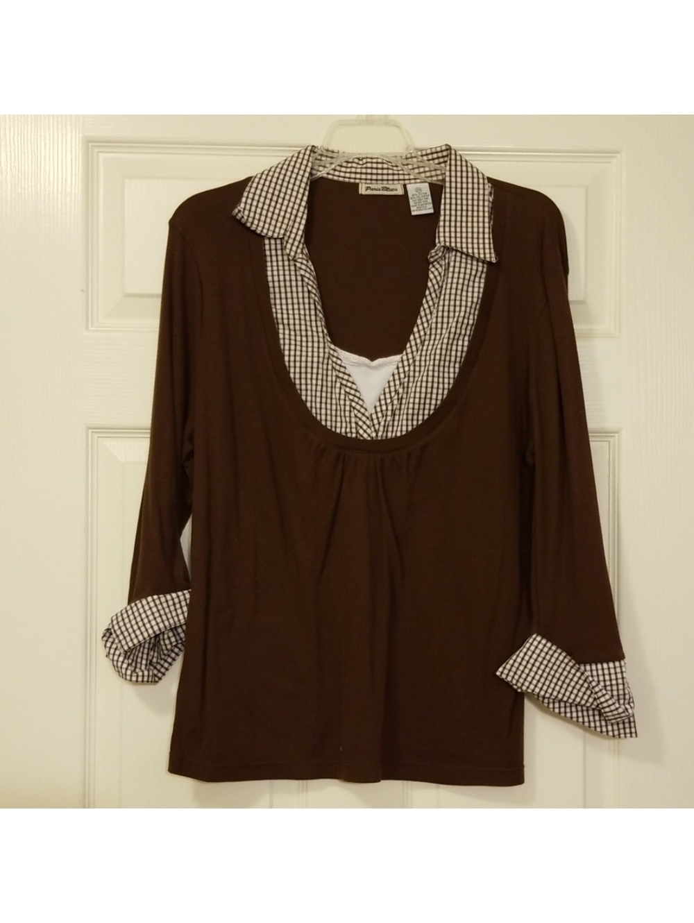 Paris Blues Women's Brown Layered Look Blouse with Plaid Collar and Cuffs Size 2